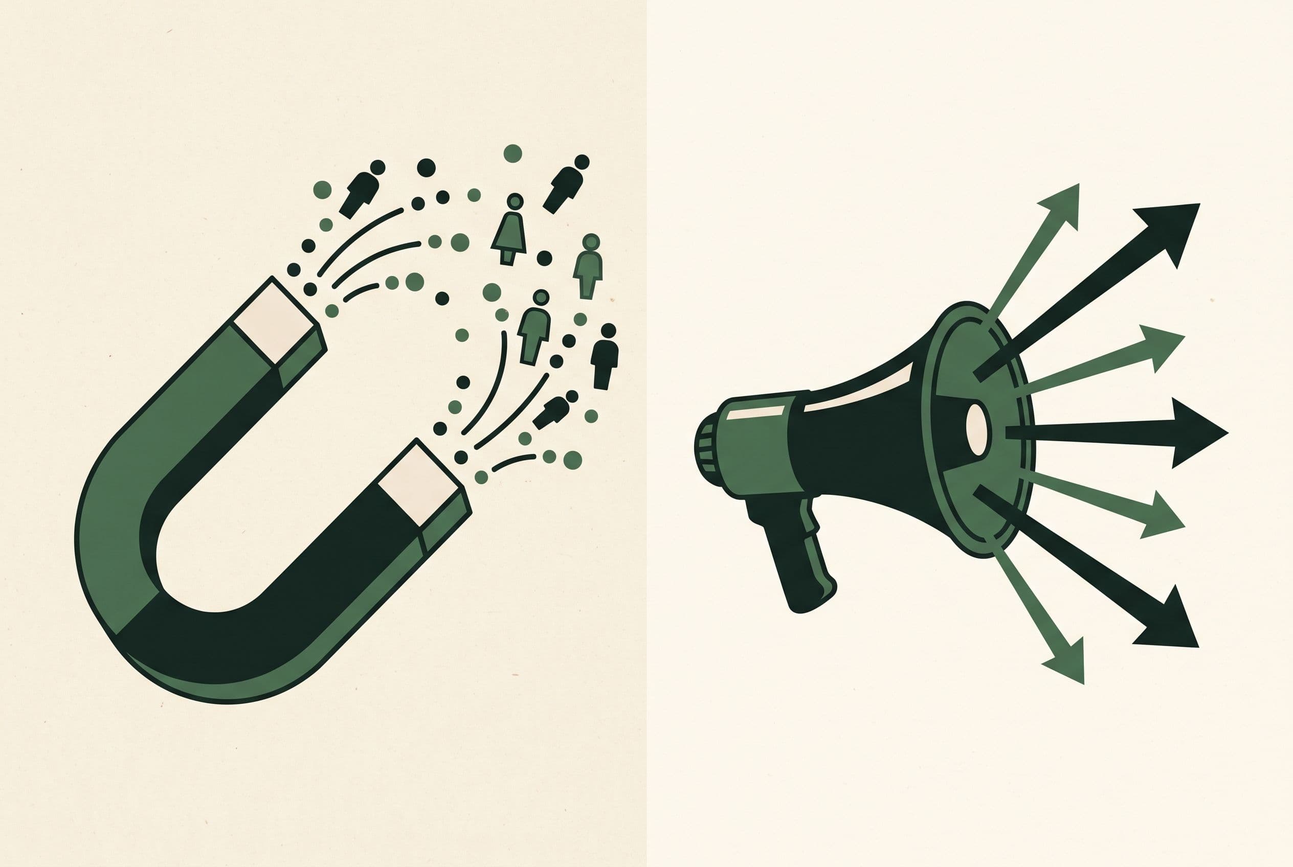 Editorial illustration of a magnet attracting dots beside a megaphone broadcasting arrows, contrasting inbound and outbound marketing