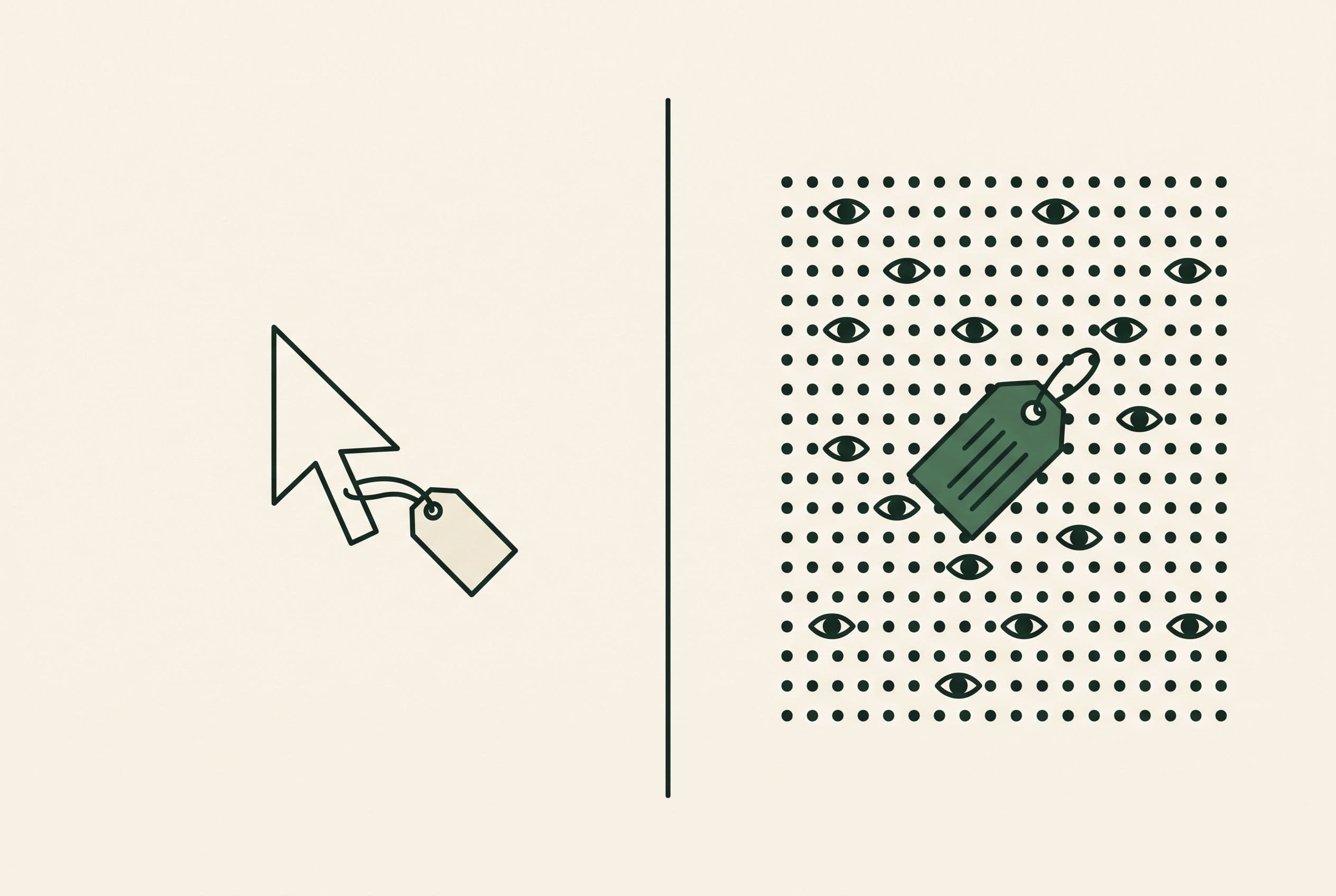 Editorial illustration of a cursor arrow with a price tag beside a grid of impressions, contrasting CPC and CPM