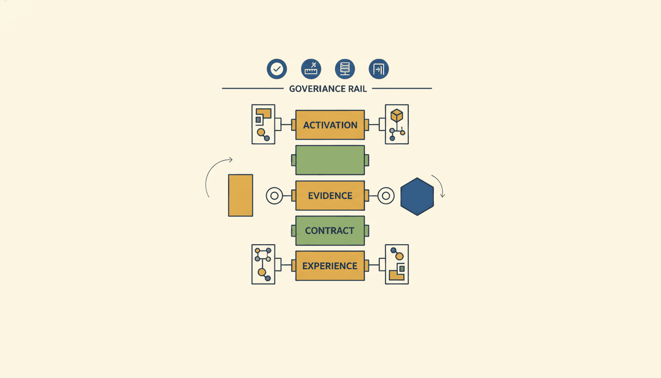 A stable four-layer marketing data spine with small replaceable technology modules connected at the edges, surrounded by measurement and human-approval checkpoints.