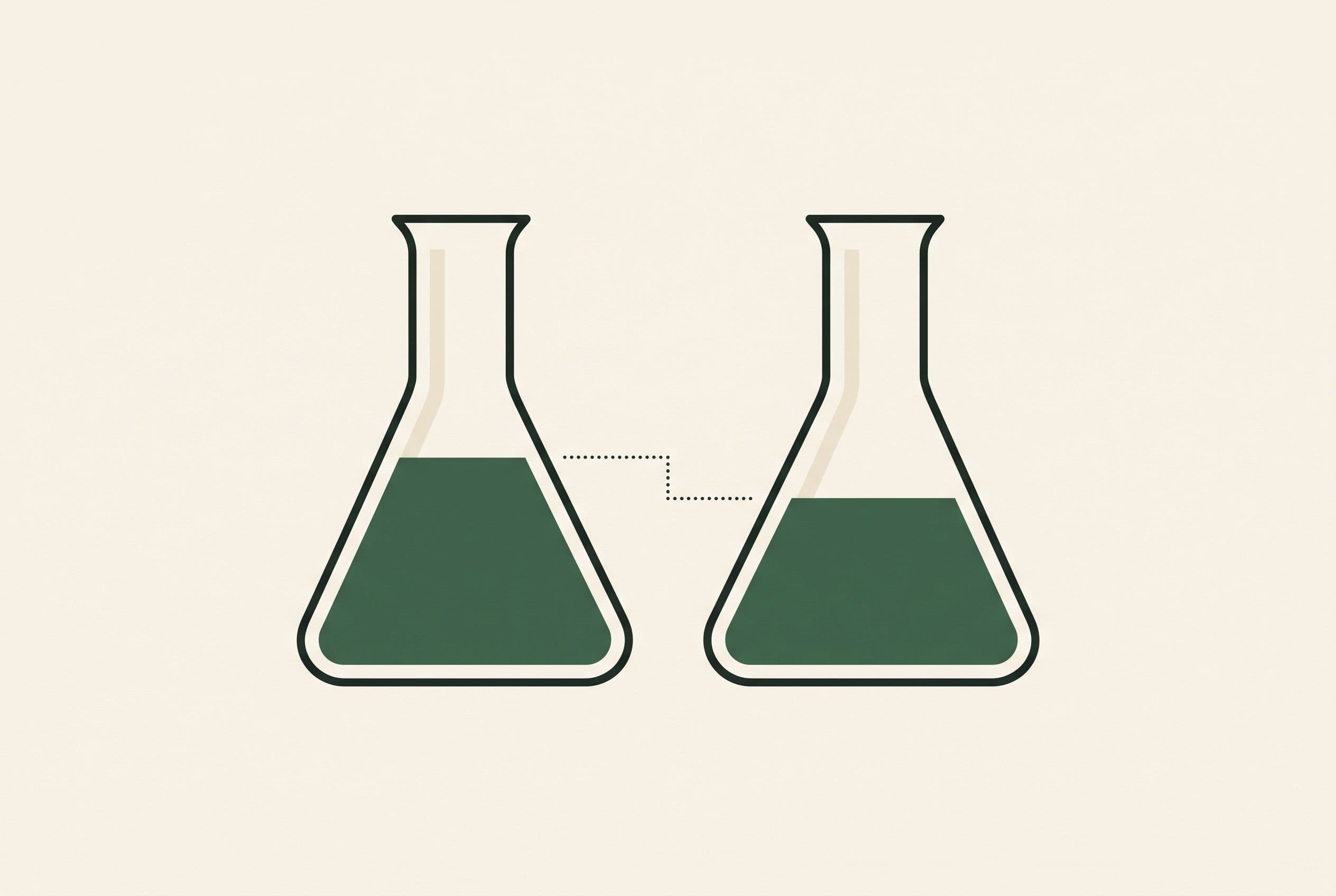 Editorial illustration of two laboratory flasks filled to slightly different levels