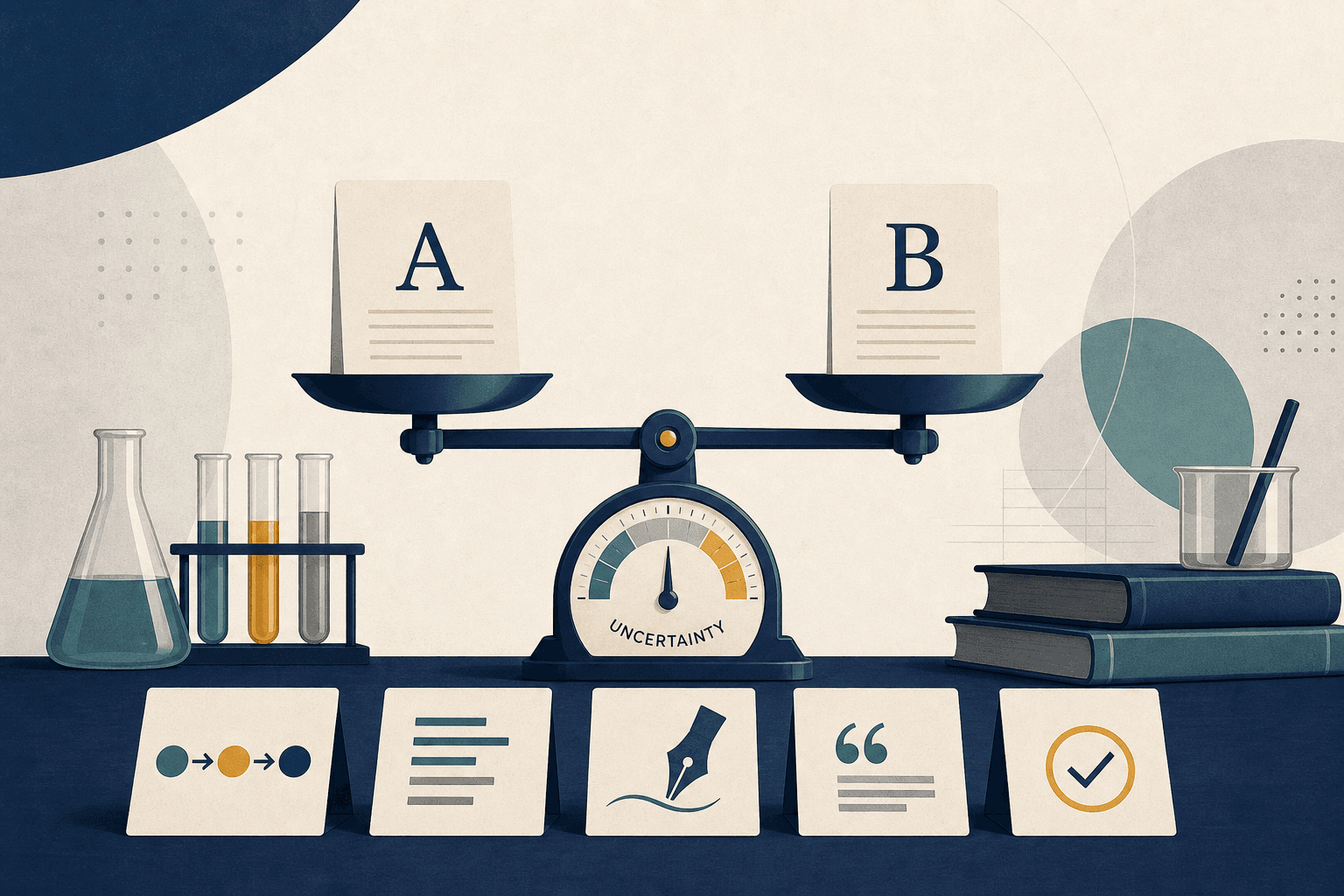 A neutral laboratory balance compares paired text cards while five controlled variables—order, length, style, citations, and correctness—feed into a calibration gauge.