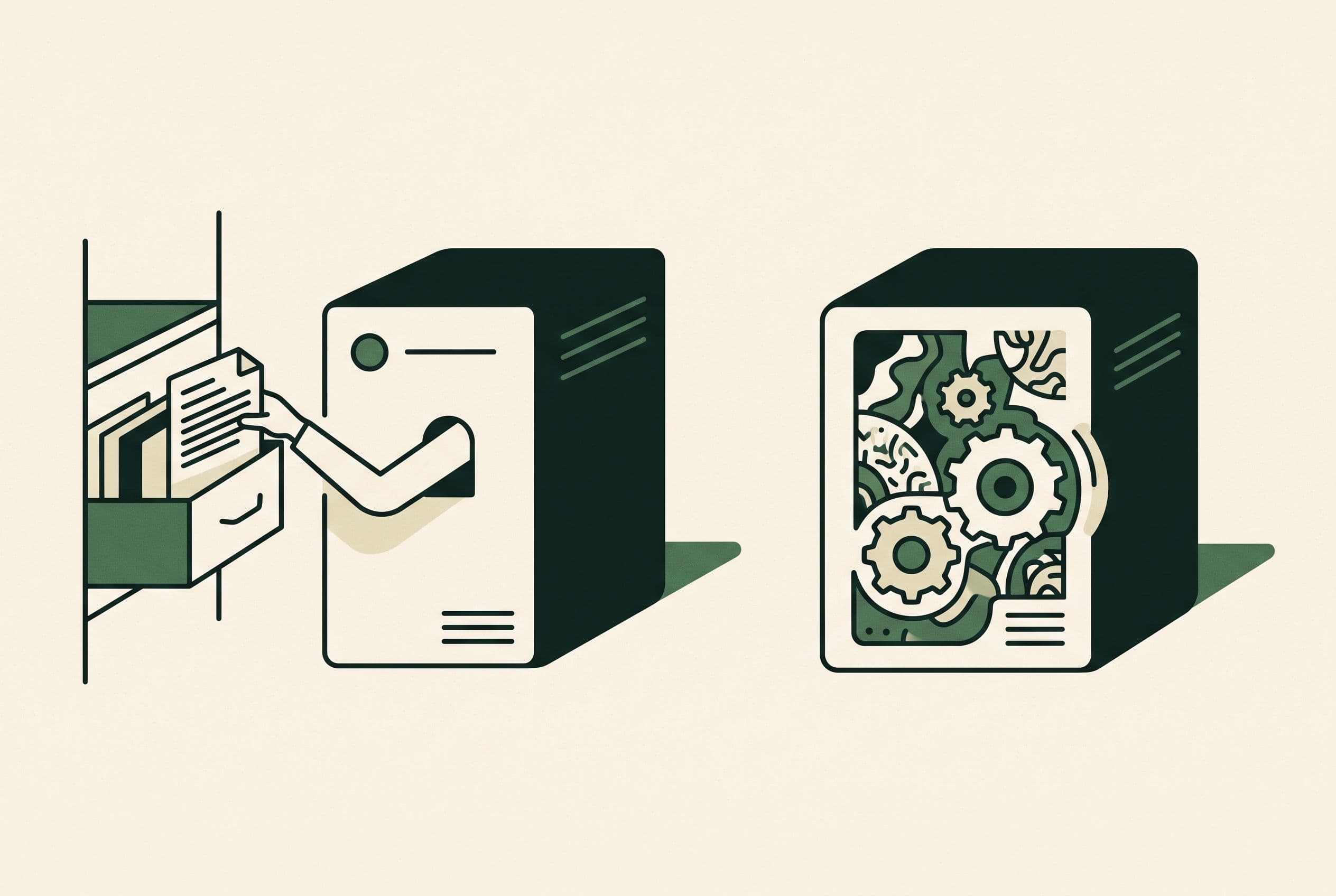 Editorial illustration of one model box retrieving a document from a shelf and another with reshaped internal gears, contrasting RAG and fine-tuning