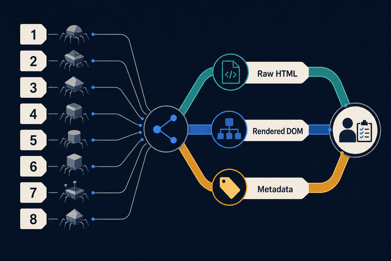 Eight Next.js route variants flow into separate raw HTML, rendered DOM and metadata evidence lanes, followed by a human approval gate.
