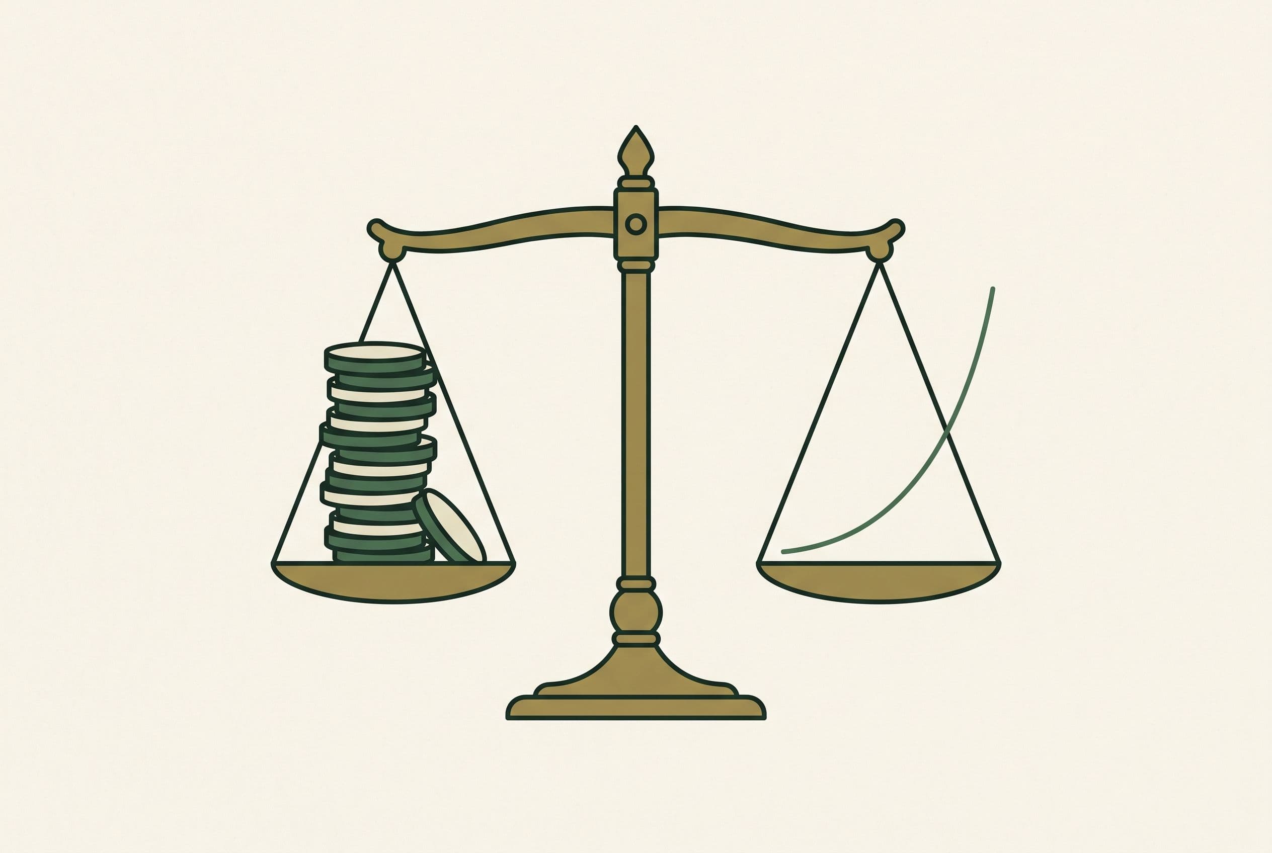Editorial illustration of a balance scale weighing a stack of coins against a rising profit line