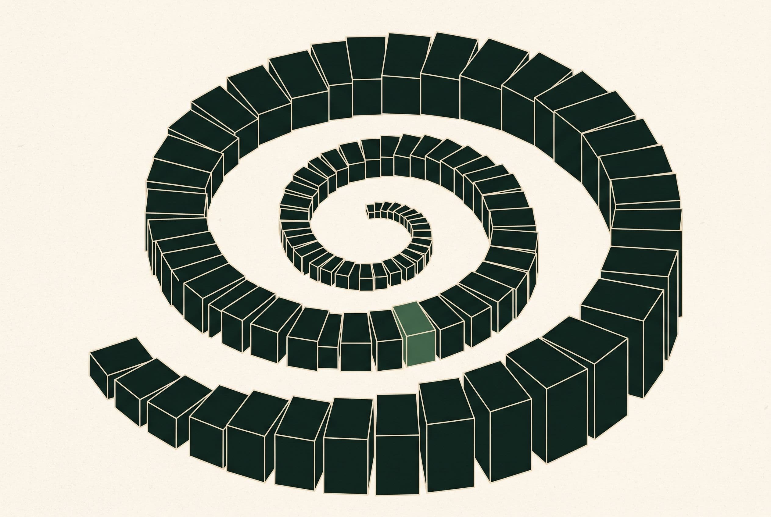 Editorial illustration of blocks spiraling outward and growing, representing compounding agent costs
