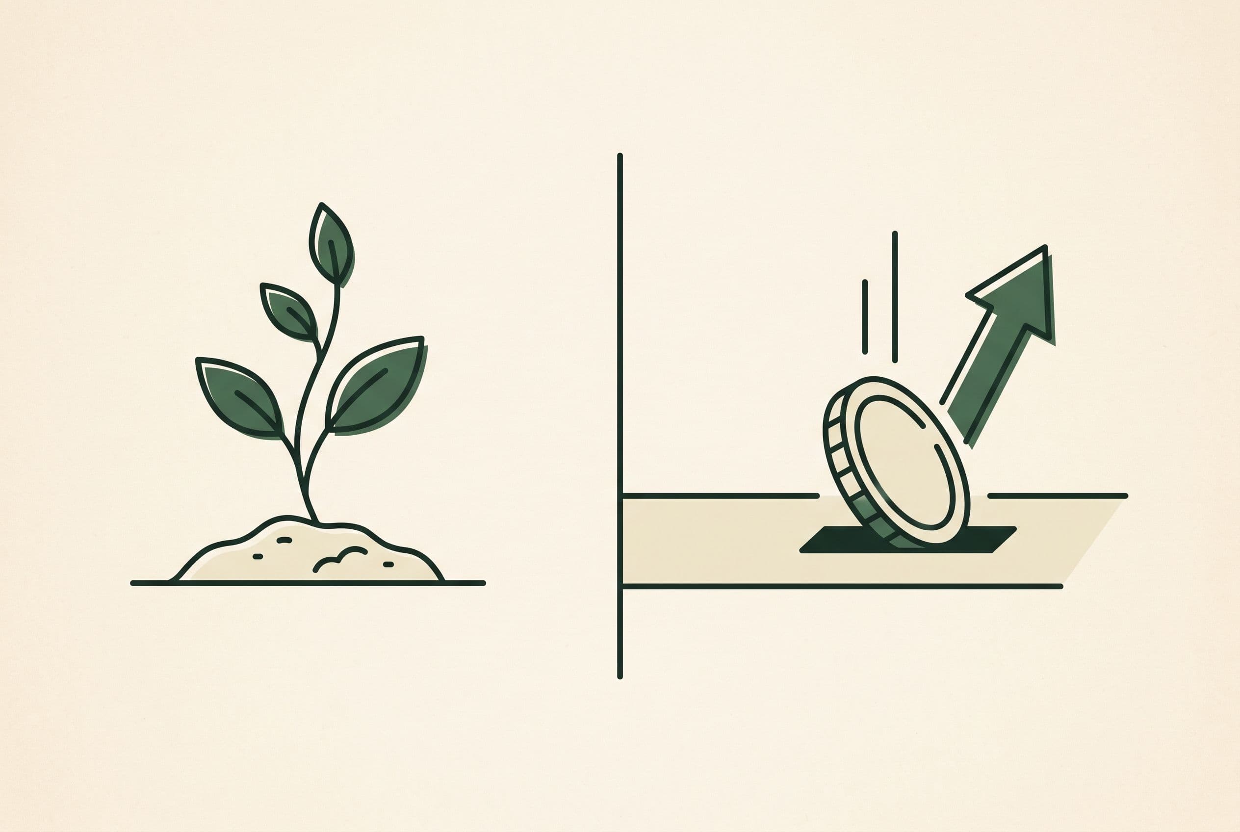 Editorial illustration of a growing plant beside a coin dropping into a slot, contrasting organic and paid search